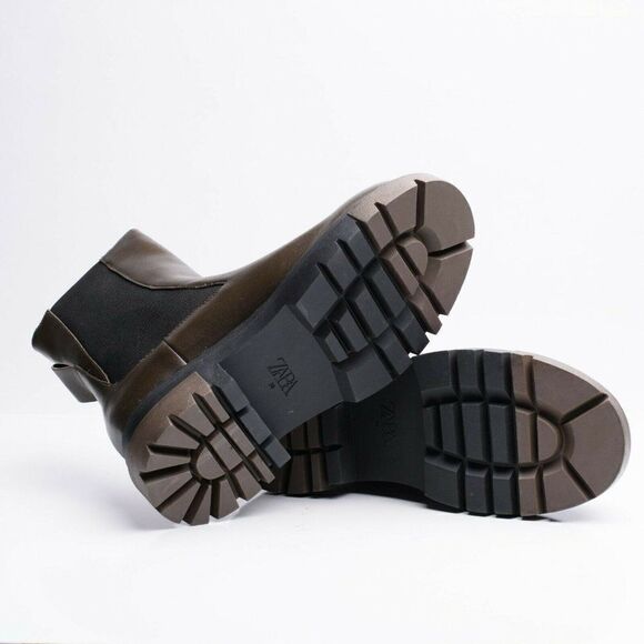 Zara Womens Chelsea Khaki Leather Ankle Boots Lug Soles EU 38 US 7.5 1176/810 - Picture 9 of 10